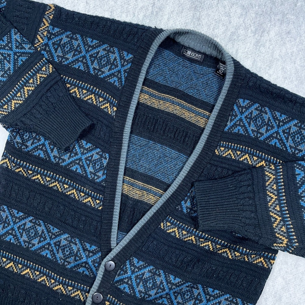 Vintage Cardigan Sweater Men Large Blue Grandpa Cosby Geometric Acrylic 90s Golf - Picture 2 of 9